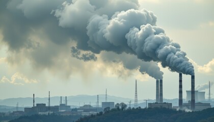 an industrial landscape featuring factories with smoke stacks releasing emissions into the sky