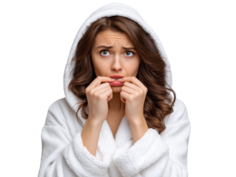 Uncertainty and Anxiety: A young woman in a cozy bathrobe with a hood is expressing a mix of anxiety and uncertainty, symbolizing worry or apprehensive emotions on her face.
