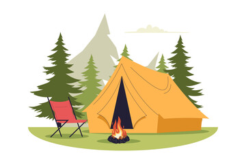 Flat Illustration of Camping Tent and Campfire in Pine Forest. Illustrations for websites, landing pages, mobile apps, posters and banners