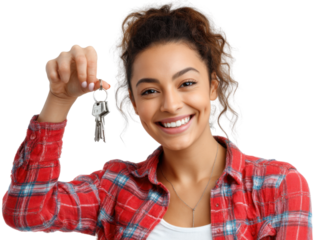 House Keys Confidence: A joyful woman, radiating confidence, holds a set of keys, her smile a testament to new beginnings and ownership.