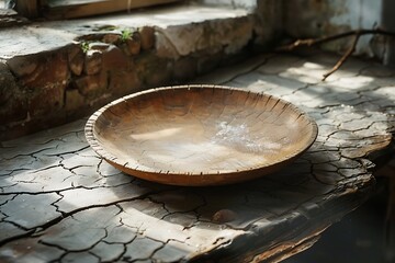 Vintage wood plate on dried clay surface high resolution picture