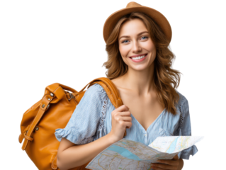Wanderlust and Exploration: A radiant traveler with a stylish hat and backpack, maps in hand, embarks on a thrilling journey filled with wanderlust and the pursuit of discovery.