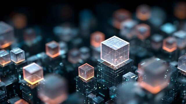 Abstract computer data background with floating cube structure. Digital blockchain technology and decentralized network concept footage. - Powered by Adobe