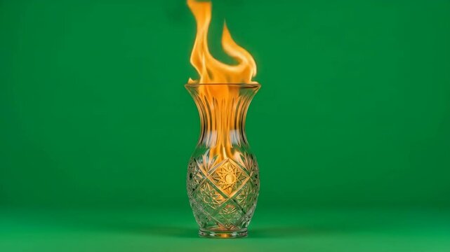 Crystal Vase Burning with Flames on Green Screen - A crystal vase with intricate cutwork is filled with vibrant orange flames against a solid green background.