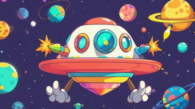 UFO flying in outer space with cartoon alien spaceship and cosmic elements in a funny night sky illustration