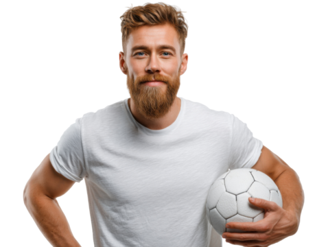 Soccer Player with Soccer Ball: A confident individual, embraces the sport with a classic soccer ball in hand, radiating strength, passion, and the heart of a true player.