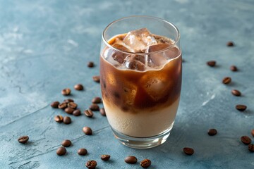Glass of iced latte coffee with milk and ice cubes on a gray-blue textured background, surrounded by scattered roasted coffee beans, perfect for cafes