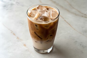 Chilled iced latte in a transparent glass with rich layers of espresso and milk, topped with ice cubes, served on a marble background, ideal for hot days
