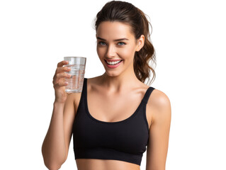 Hydration and Health: A radiant woman, clad in sportswear, showcases the purity of water through a clear glass, embodying health and vitality with her beaming smile.