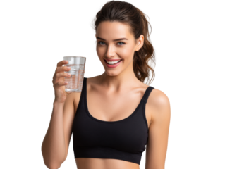 Hydration and Health: A radiant woman, clad in sportswear, showcases the purity of water through a clear glass, embodying health and vitality with her beaming smile.
