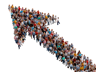 Arrow of Progress: A vibrant human arrow signifies growth, success, and progress, a symbol of collective movement and shared aspirations. The arrow, composed of diverse individuals, points upwards.