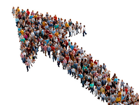 Arrow of Progress: A vibrant human arrow signifies growth, success, and progress, a symbol of collective movement and shared aspirations. The arrow, composed of diverse individuals, points upwards.