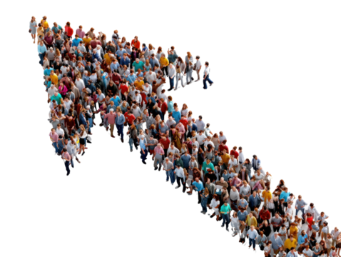 Arrow of Progress: A vibrant human arrow signifies growth, success, and progress, a symbol of collective movement and shared aspirations. The arrow, composed of diverse individuals, points upwards.