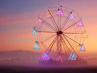 Ferris Wheel with Neon Lights at Dusk in Desert Landscape