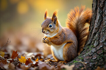 Obraz premium Close-up of a squirrel in an autumn forest. Scene with red squirrel holding nut on forest floor with yellow foliage. Great for wildlife ads, eco projects, calendars, and storybooks.