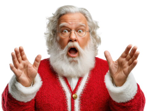 Surprised Figure of Christmas: The jolly figure with a striking beard is captured in a moment of astonishment, creating a memorable holiday image with joy, emotion and festivity.