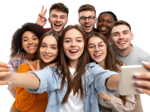 Youthful Gathering: A dynamic group of diverse, happy individuals comes together for a self-portrait, showcasing the beauty of unity and the vibrant energy of youth. The image radiates joy.