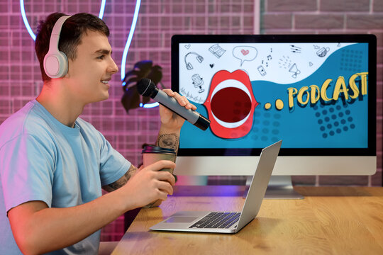 Young man with coffee and microphone recording podcast in studio - Powered by Adobe