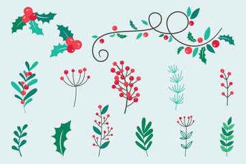 Christmas Holiday Leaves and Berries Seamless Elements Vector Illustration Ornaments