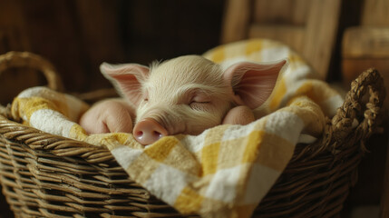 A fluffy piglet cuddled up in a wicker basket with a checkered cloth, perfect for a rural farm-themed nursery scene 