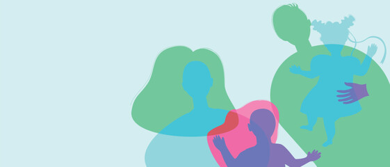 Parents and children as copy space template, color silhouette vector illustration with authentic Family or baby girl