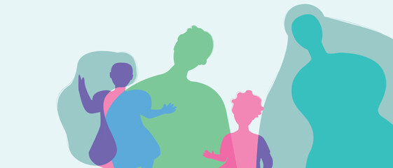 Silhouettes of parents and children, color silhouette vector illustration as propaganda of birth rate and authentic Family, copy space template