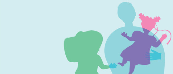 Single father with baby girl, color silhouette vector illustration as propaganda of fertility and happy authentic Family, copy space template