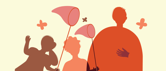 BIPOC Father or dad and children playing with net and butterflies together, color silhouette vector illustration with authentic Family copy space template for design