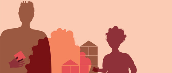 BIPOC Father or dad and kids playing with cubes, color silhouette vector illustration as a concept of happy authentic Family copy space template for design