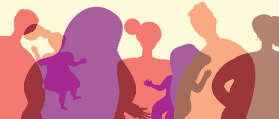 BIPOC mom, dad and kids with African relatives as a big family, color silhouette vector illustration as propaganda of fertility and authentic Family