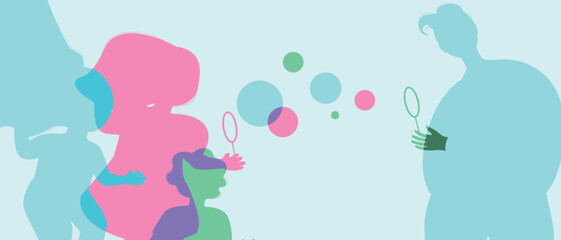 Father or dad and children playing with soap bubbles, color silhouette vector illustration as a concept of happy authentic Family copy space template for design