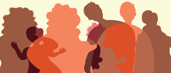 BIPOC parents and children with African relatives as a big family, color silhouette vector illustration as a promotion of fertility and authentic Family