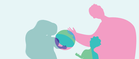Father or dad and baby girl playing ball together, color silhouette vector illustration, authentic Family and family unity concept