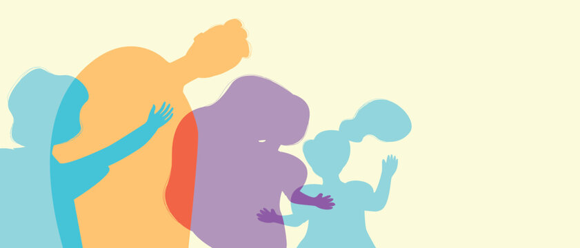 Single father with baby girl, color silhouette vector illustration as propaganda of fertility and happy authentic Family, copy space template