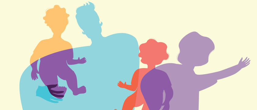 Single father happy with kids, color silhouette vector illustration as concept of happy authentic Family
