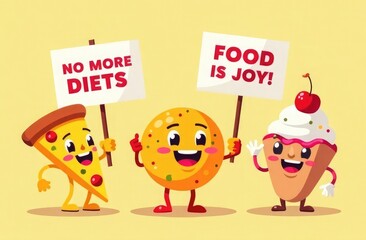 Naklejka premium Funny vector illustration of anthropomorphic pizza, donut, and ice cream holding protest signs saying “No More Diets” and “Food Is Joy!” Playful concept for International No Diet Day celebration, card