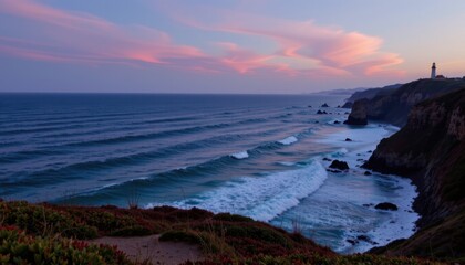 breathtaking evening seascape overlooking the ocean at dusk, capturing the beauty of coastal landscape during nighttime