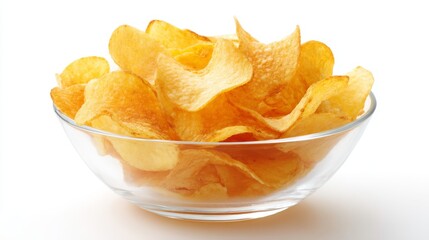A clear bowl filled with crispy potato chips. The golden chips are inviting and perfect for snacking. Ideal for gatherings or movie nights. Enjoy the crunch and flavor. AI