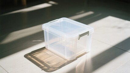 Fototapeta premium Transparent plastic storage box placed on a sunlit floor