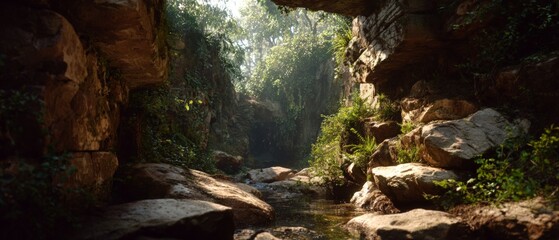 Sunlit Jungle Cave Passage with Lush Greenery