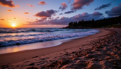 create a captivating evening seascape featuring a beautiful ocean view at dusk, showcase the stunning coastal landscape at night under a polished gleam