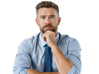 Man Pondering: A close-up portrait of a man, lost in thought, his face etched with a thoughtful expression. His hand gently rests on his chin, as he contemplates a complex issue.