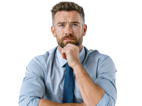 Man Pondering: A close-up portrait of a man, lost in thought, his face etched with a thoughtful expression. His hand gently rests on his chin, as he contemplates a complex issue.