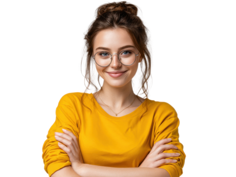 Smart and Confident: A portrait of a young woman radiating intelligence and self-assurance, framed against a simple background. She's styled with glasses and a relaxed look.