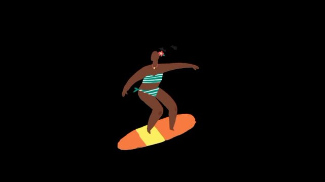 Woman surfer rides the ocean wave. Female surfer surfing on sea water cartoon 3d animation 