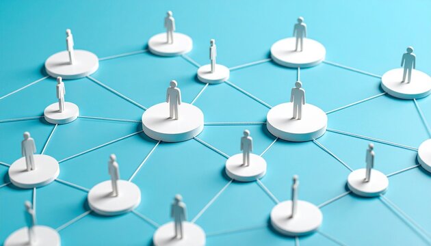 Network of white figurines on circular nodes connected by lines on blue background