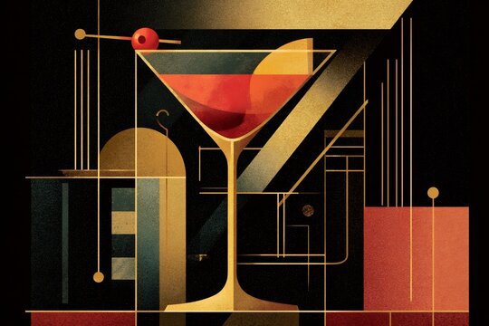 Naklejki an Art Deco style illustration of a classic cocktail, like a Martini or Negroni, with sharp geometric shapes and a sophisticated, glamorous feel