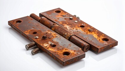 Rusty metal hinge with three assorted screws, showing corrosion and wear on white surface