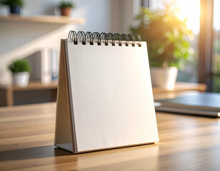 Blank desktop calendar mockup standing on wooden table in office