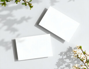 Two empty business cards mockup with spring blossom branches on neutral background
